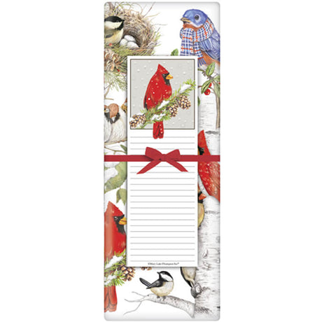 Winter Birds Notepad Set featuring a rectangular notepad with bird illustrations and a red bow, paired with a matching towel.