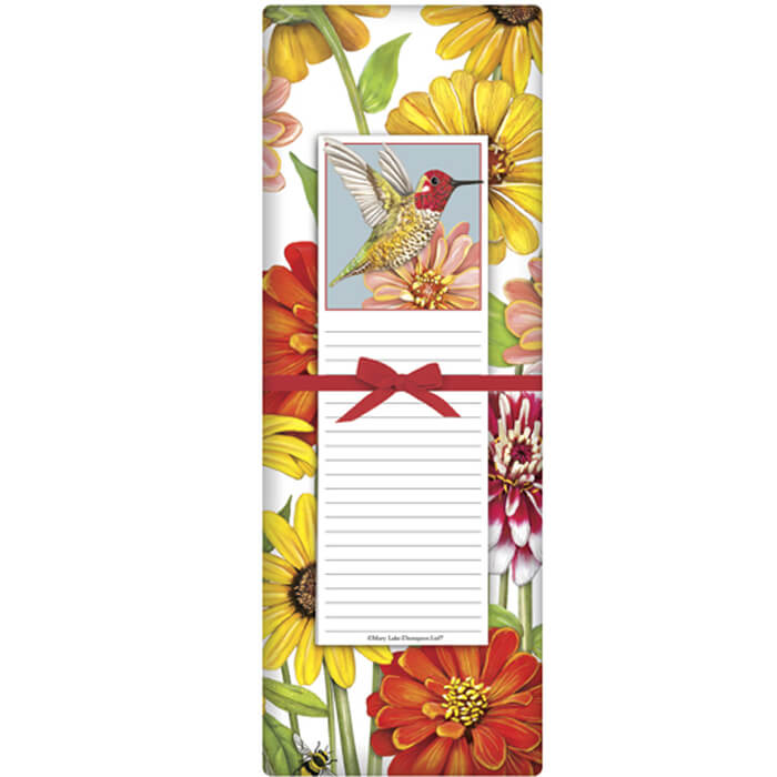 Hummingbird Notepad Set featuring a rectangular box with a red ribbon, hummingbird design, and matching 30x30 flour sack towel.