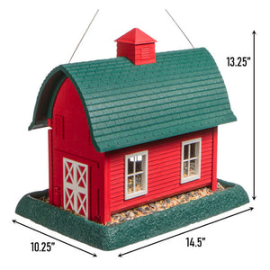 North States Red Barn Bird Feeder with realistic barn detail, large feeding trays on both sides, and easy-to-clean removable seed tray. Holds 8 lbs. of seed.