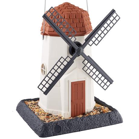 North States White Windmill Bird Feeder with realistic windmill details, dual perching trays, and a removable top for easy refilling. Holds 8 lbs. of seed.