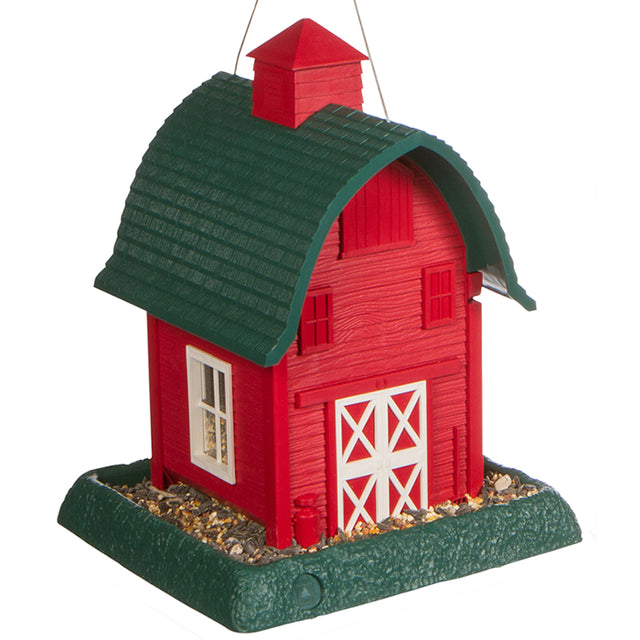 Small Red Barn Bird Feeder with cupola, clear plastic windows, and large feeding tray on two sides; easy to clean and refill with a removable tray.