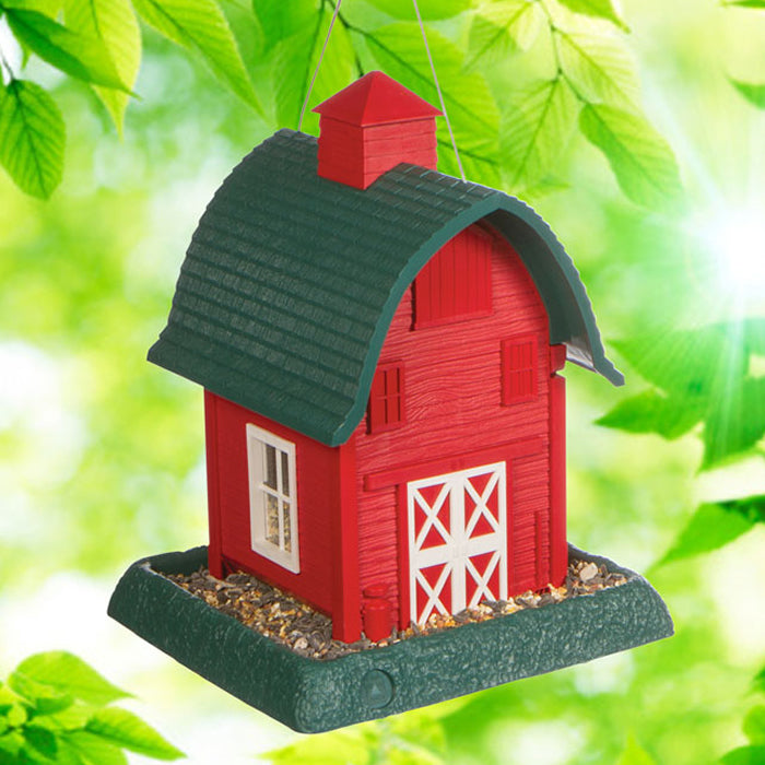 Small Red Barn Bird Feeder with green roof, cupola, and clear windows. Includes removable tray, wire hanger, and large feeding tray on two sides.