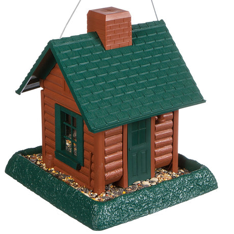 Small Log Cabin Bird Feeder with clear window panes, green roof, removable tray, and wire hanger for easy cleaning and refilling.