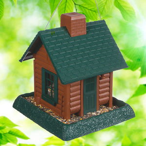 Small Log Cabin Bird Feeder with clear windows, lift-off chimney, and large feeding tray. Includes removable tray and wire hanger for easy cleaning and refilling.