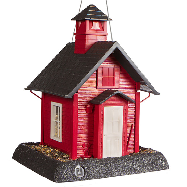 North States School House Bird Feeder with realistic school house details, featuring a large feeding tray, lift-off bell tower, and wire hanger.