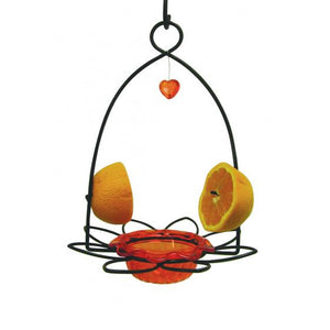 Oriole Flower Feeder: Metal flower holder with a bright orange dish for jelly, pegs for orange halves, designed to attract orioles.