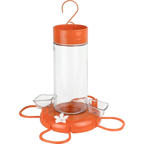 Orange Blossom Glass Oriole Feeder with hook, four feeding ports, removable jelly dishes, and an ant moat, ideal for nectar, jelly, and fruit feeding.