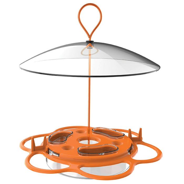 All-In-One Oriole Buffet bird feeder with three nectar ports, two orange holders, three jelly dishes, bee guards, ant moat, and clear weather guard.