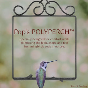 Advertisement for Pop's POLYPERCH with a hummingbird on a blurred nature background