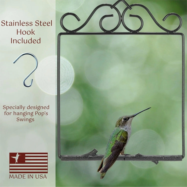 Decorative metal frame with a hummingbird on a blurred green background, featuring text about a stainless steel hook andMade in USA.