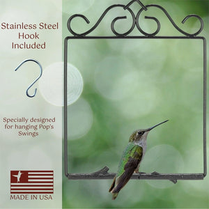 Decorative metal frame with a hummingbird on a blurred green background, featuring text about a stainless steel hook andMade in USA.