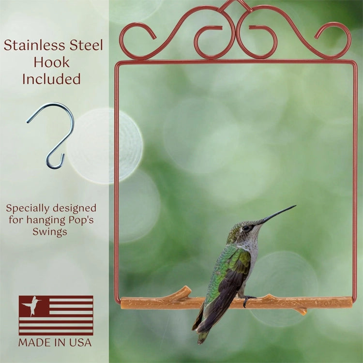 Decorative metal frame with a hummingbird on a blurred green background, featuring text about a stainless steel hook and product details.