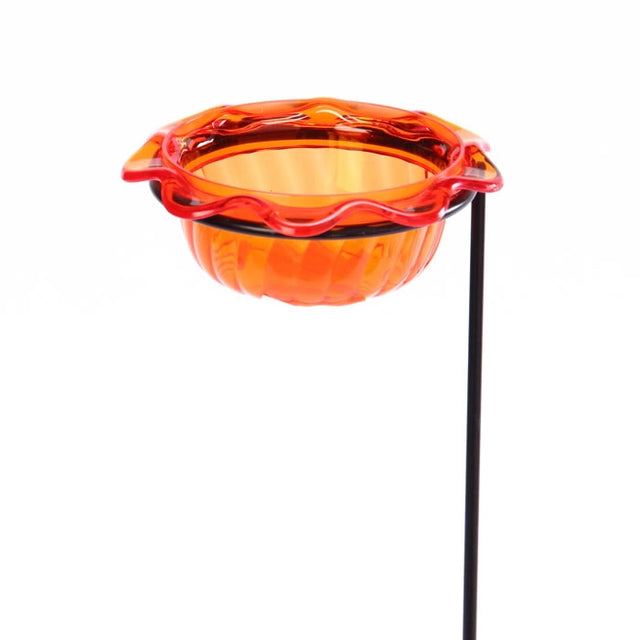 Oriole Dish Plant Stick featuring an orange glass bowl with a red rim, designed to attract orioles by holding grape jelly or orange nuggets.