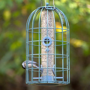 The Nuttery Original Seed Feeder, Ocean Green, featuring a bird feeding within a squirrel-resistant wire cage with four feeding ports.