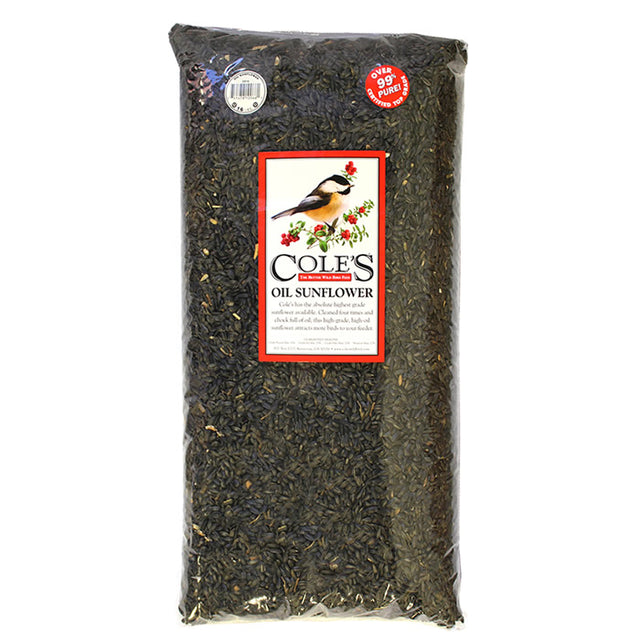 Cole's Black Oil Sunflower Bird Seed, 16 or 32 lb. bags, featuring a high-grade, oil-rich blend for attracting a variety of seed-eating songbirds.