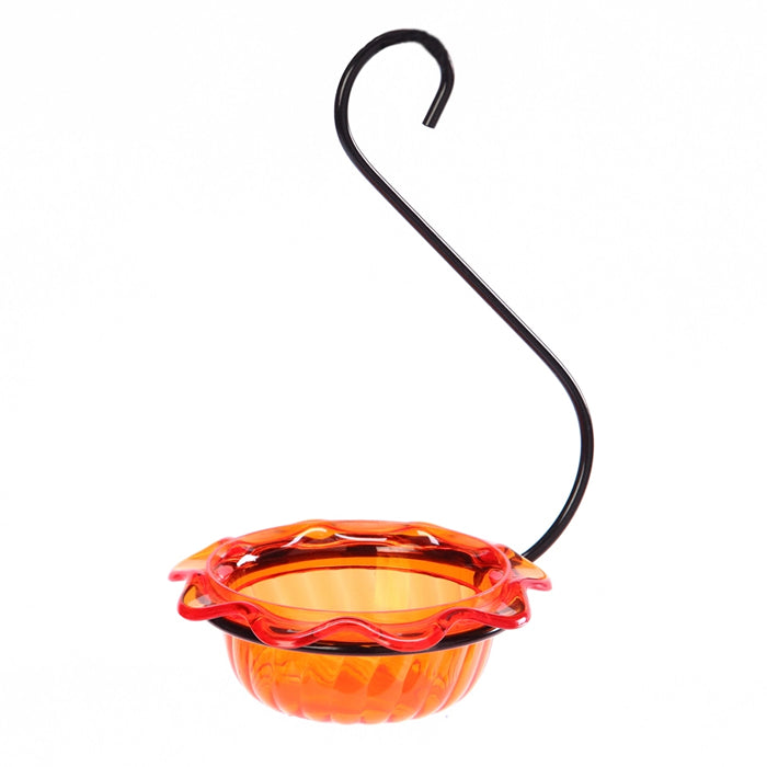 Oriole Single Cup Feeder with black metal hanger and orange plastic bowl for feeding orioles. Easy to clean and fill, 3 oz capacity.