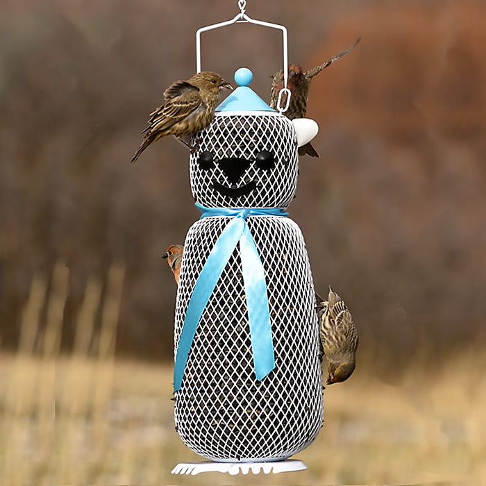 Polar Bear Bird Feeder with mesh design, shaped like a polar bear, featuring a blue scarf and hat, and birds feeding from it.