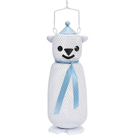 Polar Bear Bird Feeder with blue bow and hat, featuring all-metal mesh design for clinging birds, waste-reducing feet, and top-filling access.