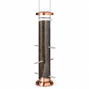 Copper Nyjer seed tube feeder with six metal perches and a clear seed reservoir on a white background.