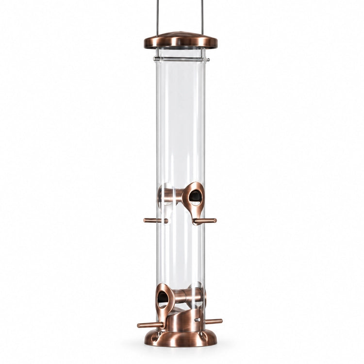 Copper mixed seed tube bird feeder with a clear reservoir, metal feeding ports, and perches on a white background.