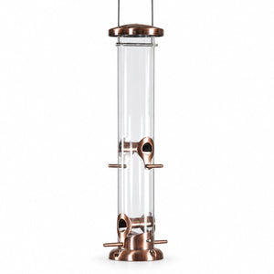 Copper mixed seed tube bird feeder with a clear reservoir, metal feeding ports, and perches on a white background.