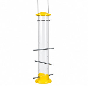 Yellow Nyjer tube bird feeder with a clear reservoir, six metal perches and wire hanger on a white background.