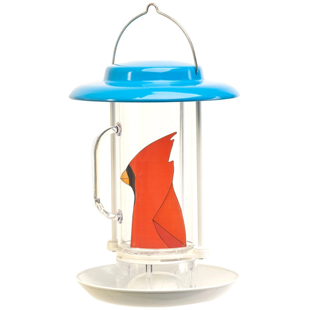 Bird feeder with a blue top and clear body featuring a red cardinal design on a white background