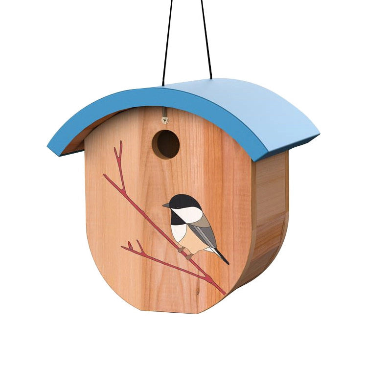 Wooden birdhouse with a blue roof and bird illustration on a white background
