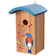 Wooden birdhouse with blue roof and painted bluebird on a white background