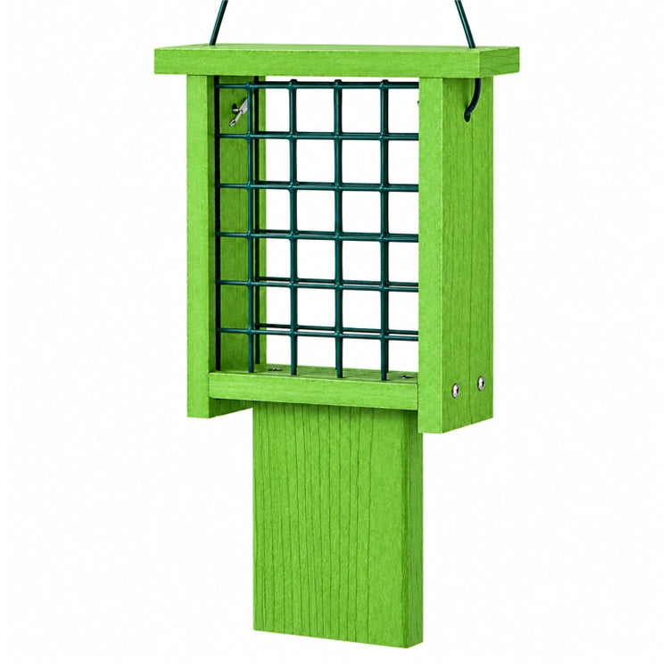 Green recycled plastic hanging suet feeder with dark green metal mesh cage and extended tail prop, shown empty against a clean white background.