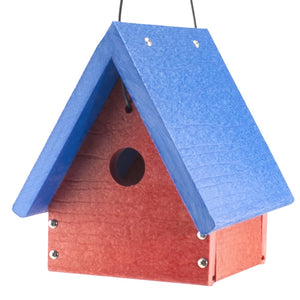 Going Green™ A-Frame Wren/Chickadee House features a durable structure with a slanted roof and metal mesh flooring, ideal for nesting wrens.