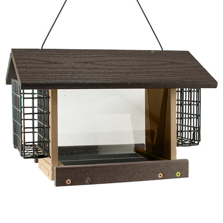 Going Green® Contemporary Deluxe Ranch Feeder with Suet Feeders featuring a peaked roof, clear front, side suet holders, and tray for seed. Includes cable hanger.