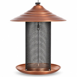 Brushed copper Nyjer bird feeder with a fine black mesh tube, tiered roof, and circular seed tray on a white background.