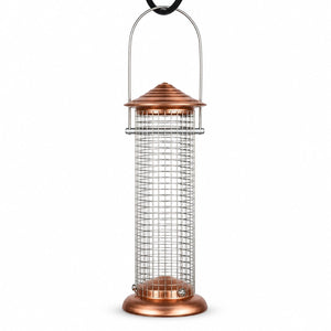 Mini copper sunflower bird feeder with a silver wire mesh tube, tiered copper roof, and rounded base on a white background.