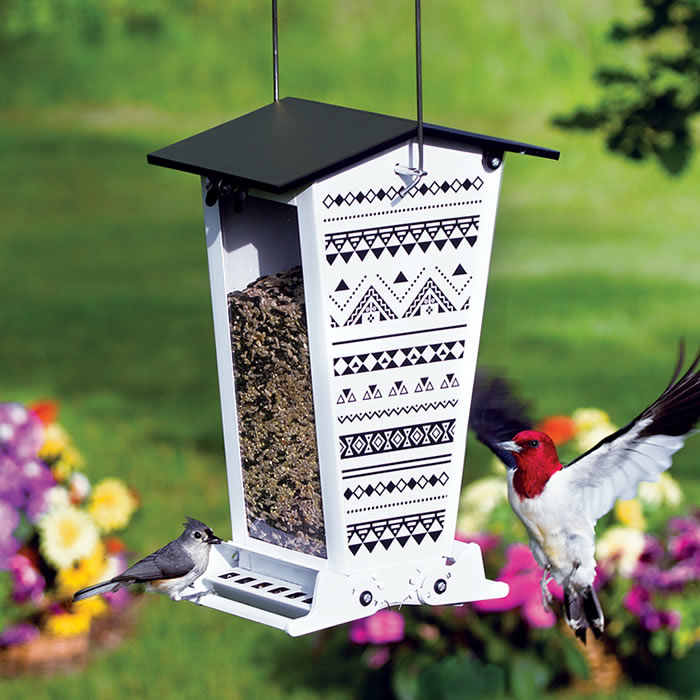 Snack Shack Nordic Habitat Squirrel-Resistant Feeder with birds flying near the feeder, showcasing its weight-activated perches and seed diverter to prevent squirrel access.