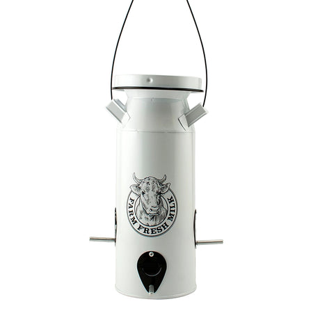 Milkhouse Milk Can Seed Feeder: White metal bird feeder styled as vintage milk can with cow logo, perches, and feeding ports for attracting birds.