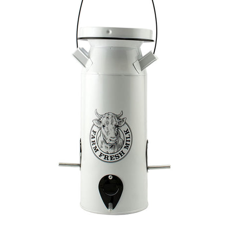 Milkhouse Milk Can Seed Feeder: Vintage-style white metal can with a cow head logo, designed to hold bird seed, featuring four feeding ports and a locking lid.