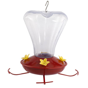 16 oz. Plastic Trumpet Flower Hummingbird Feeder with clear plastic reservoir, red base, yellow flower feeding ports, and built-in hanger with perches.