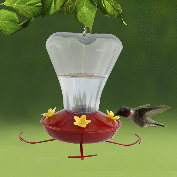 16 oz. Plastic Trumpet Flower Hummingbird Feeder with clear reservoir and red base, featuring yellow flower feeding ports and built-in hanger.