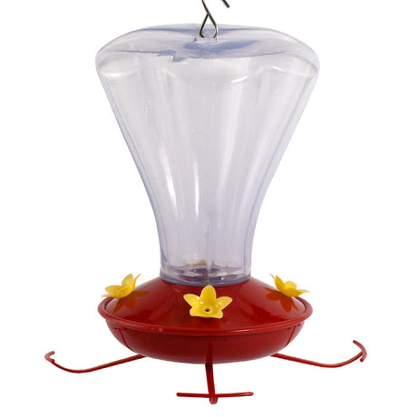 24 oz. Plastic Trumpet Flower Hummingbird Feeder with a clear plastic reservoir, red base, yellow feeding ports, and built-in perches for hummingbirds.