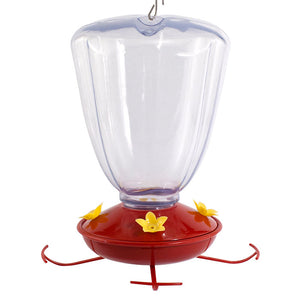 32 oz. Plastic Trumpet Flower Hummingbird Feeder with clear plastic reservoir, red base with yellow flower ports, and built-in hanger with perches, 4 feeding stations.