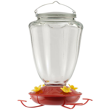 Glass Trumpet Flower Hummingbird Feeder with clear glass jar, red lid, yellow flower feeding ports, and built-in hanger. Four feeding stations, 32 oz capacity.