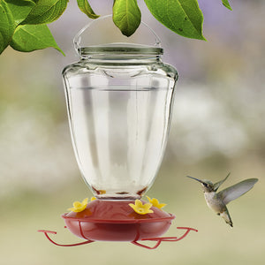 Glass Trumpet Flower Hummingbird Feeder with a clear glass reservoir and red base, featuring yellow flower feeding ports, as a hummingbird hovers nearby.