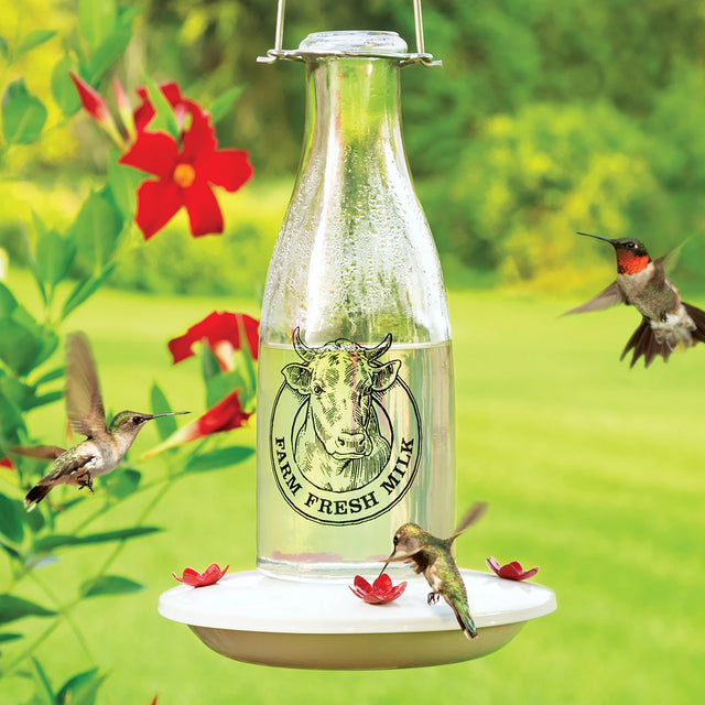 Milkhouse 24 Ounce Glass Hummingbird Feeder, featuring a vintage milk can design, with red flower feeding ports and hummingbirds feeding, against a green backdrop.