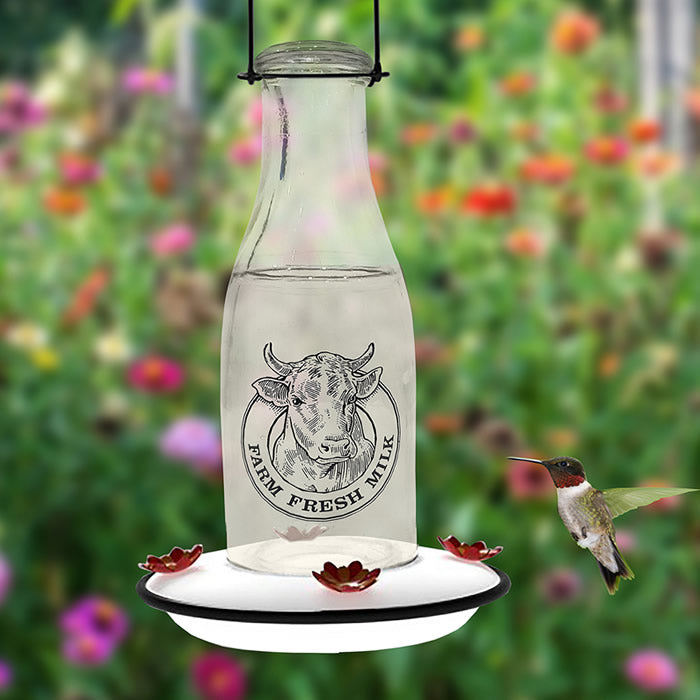 Milkhouse 24 Ounce Glass Hummingbird Feeder with cow logo, four flower-shaped feeding ports, and a twist-off base for easy cleaning.