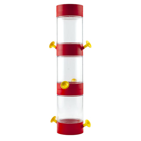 Modular Hanging Plastic Hummingbird Feeder, Set of 3, featuring clear containers with yellow lids and two feeding ports each, stacked for display.