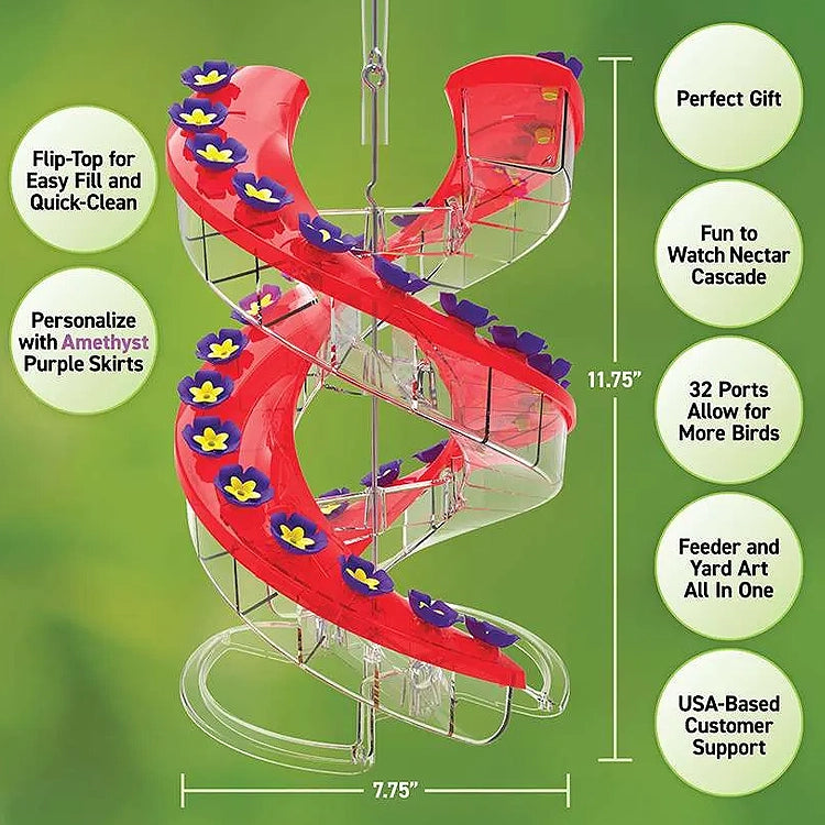 Bird feeder with red spiral design and purple flowers on a green background