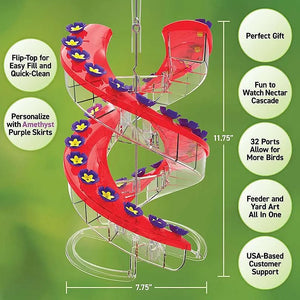 Bird feeder with red spiral design and purple flowers on a green background