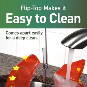 Red drink mixer with yellow flowers on a countertop, with text highlighting ease of cleaning.