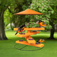 Spiral Pagoda Multi-tier Oriole Feeder with birds feeding, featuring an orange dome, metal structure, and multiple jelly dishes for easy monitoring and refills.